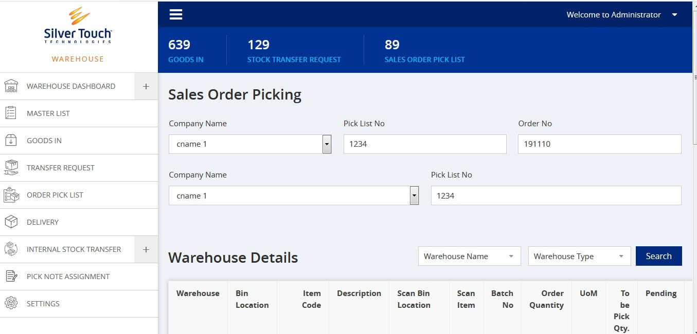 Sales Order screen of Warehouse Management Software